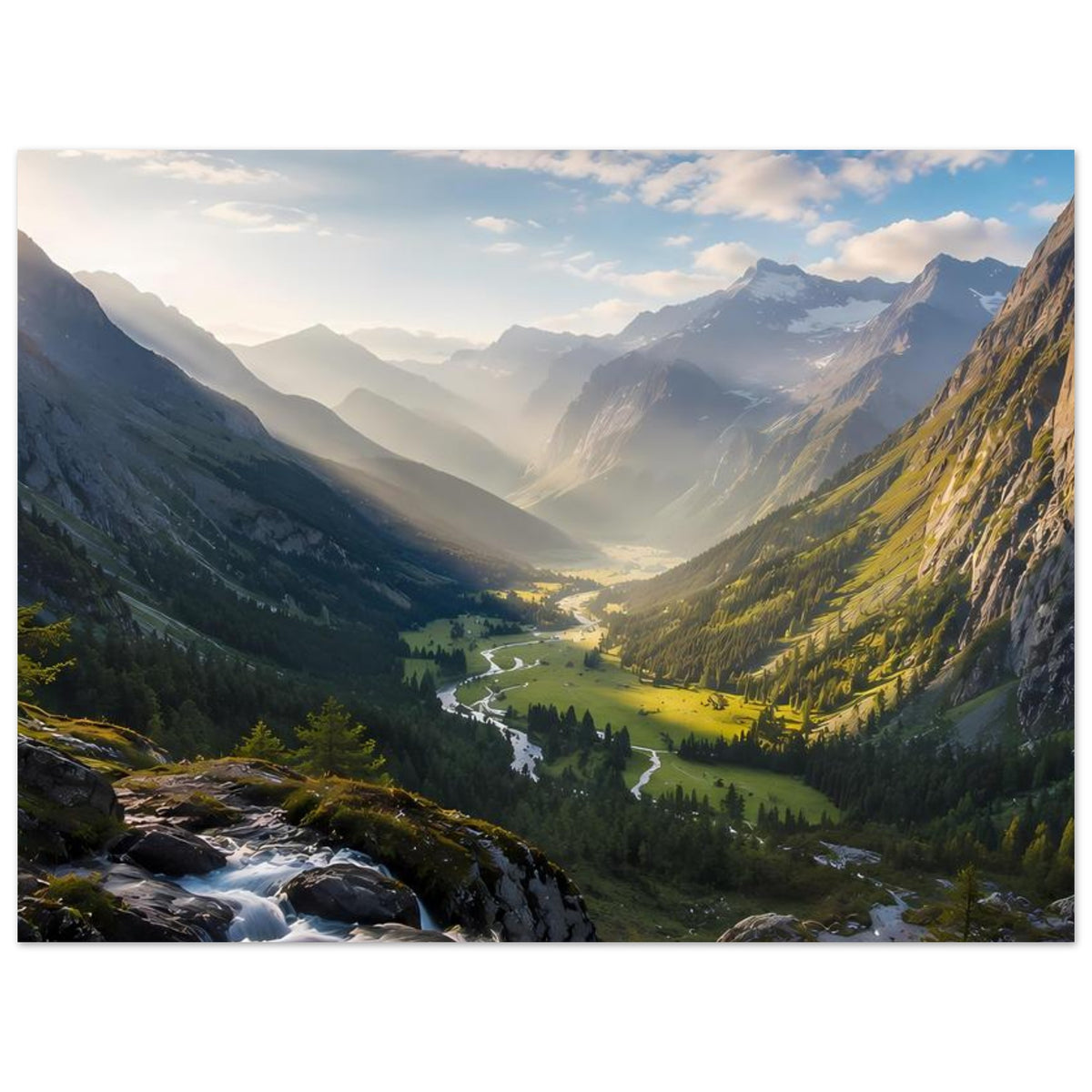 Landschafts-Poster mit Bergtal, Gebirgsbach und Sonnenstrahlen, Querformat