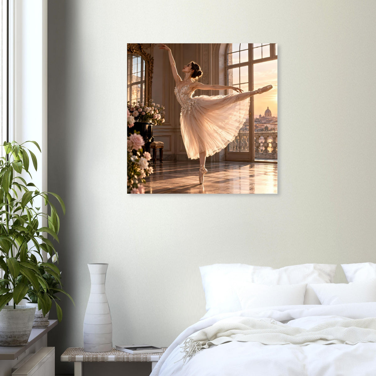 Poster mit Ballerina im weißen Tüllkleid, seitliche Pose und Fenster im Hintergrund