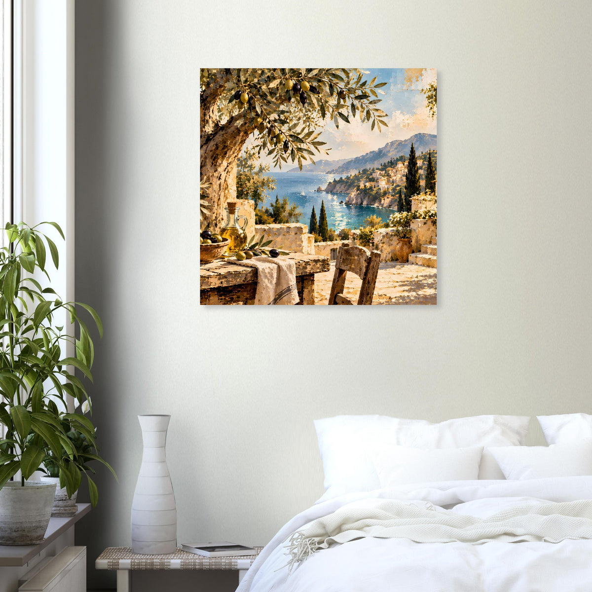 Quadratisches Poster auf mattem Papier: Küstenlandschaft mit Meer, Palmenzweig und Häusern