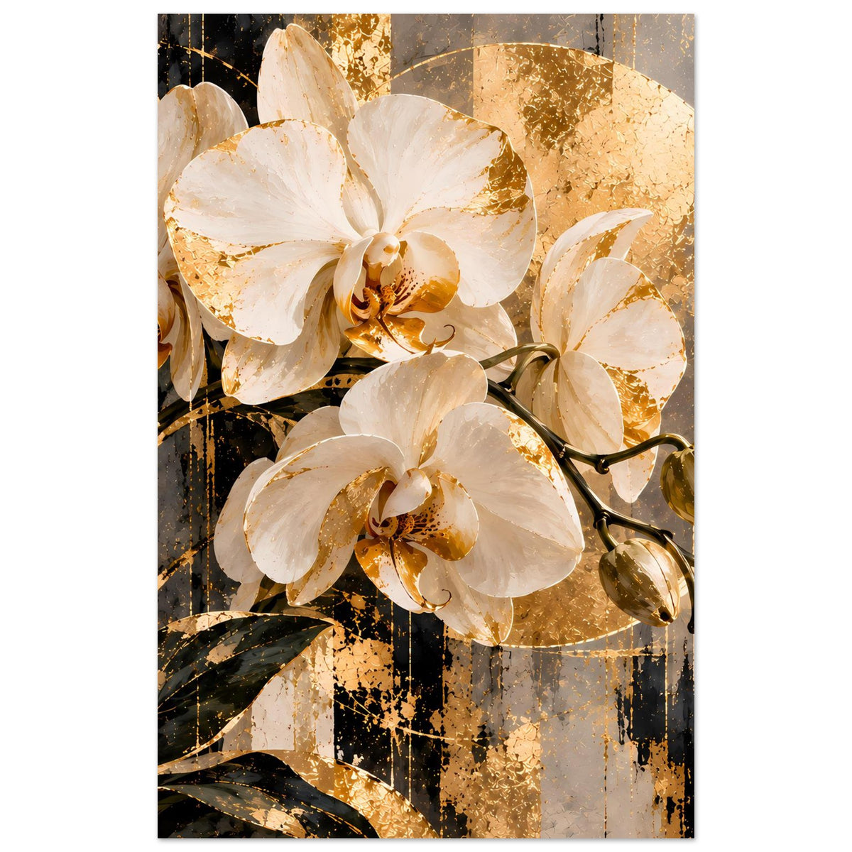 Blumenposter mit weißen Orchideen und goldenem Blattdekor, vertikal gerahmt.