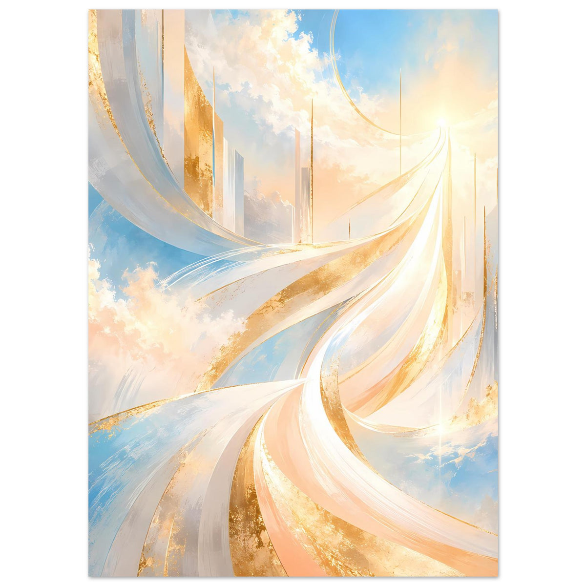 Abstraktes Poster, hochkant: goldene, weiße und blaue Windbögen mit Lichtrand
