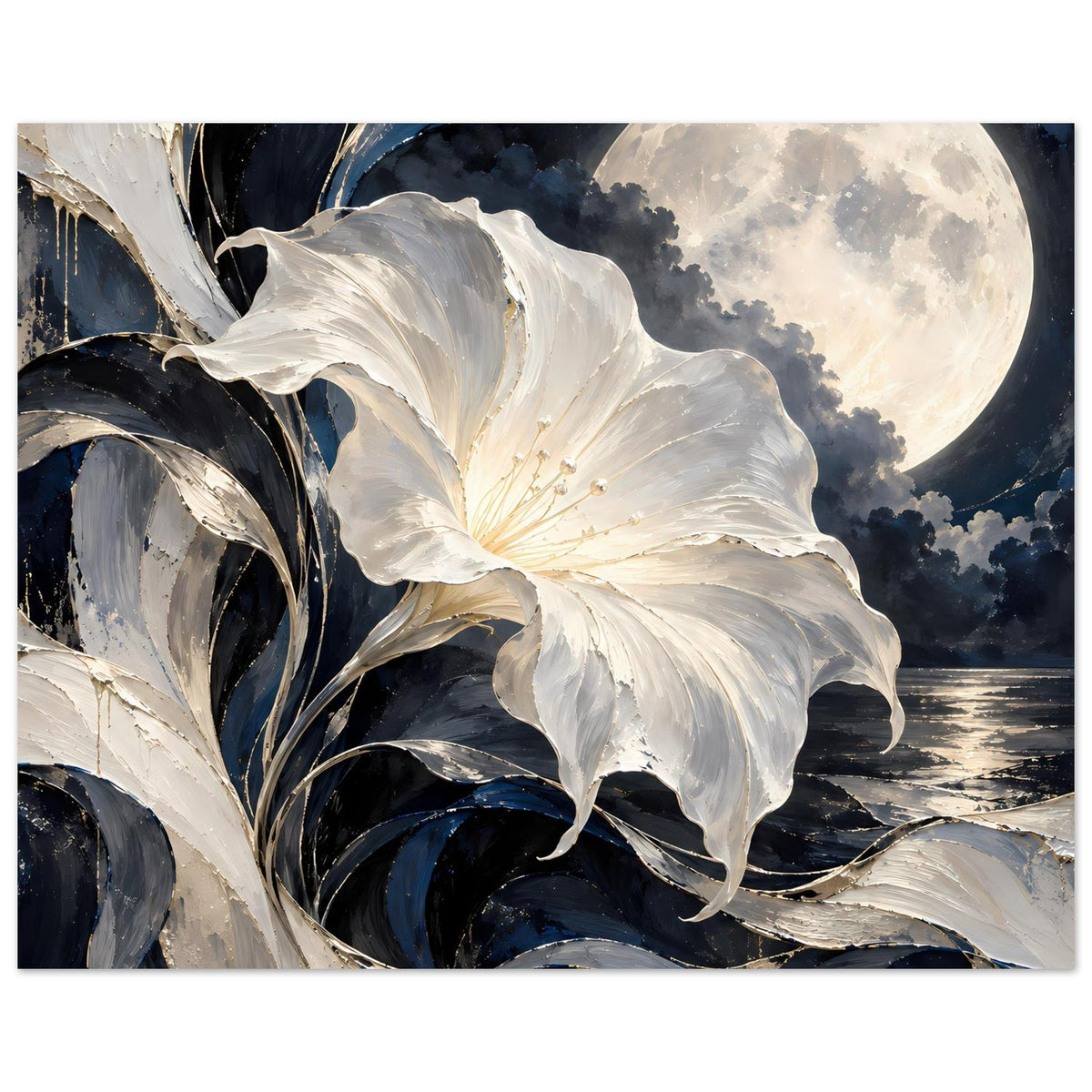 Blumenposter mit weißer Blüte, langen Stielen und blau-schwarzem Farbverlauf