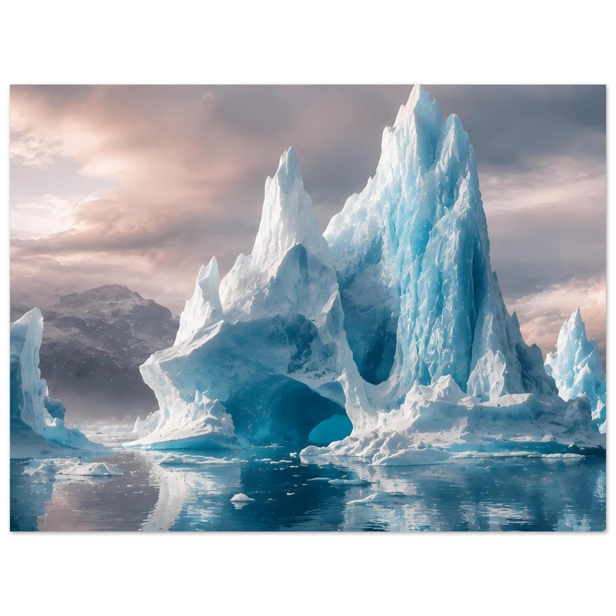 Eisberg-Poster mit massiven Eisschichten und Reflexion im Wasser, horizontales Format