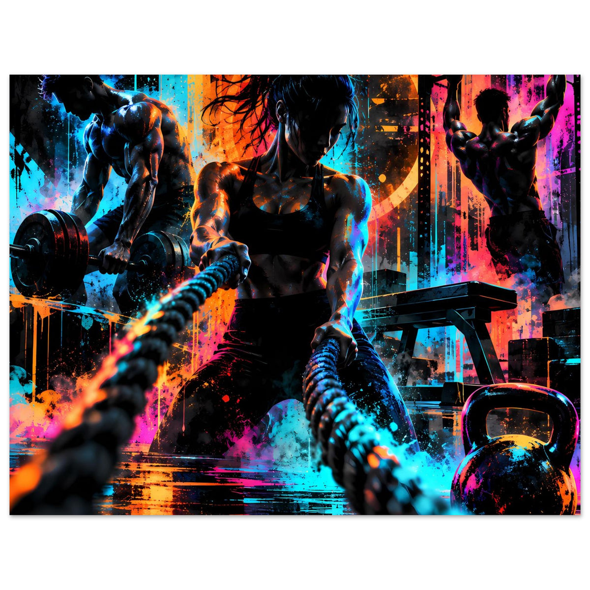 Neon-Fitnessposter: Athleten beim Krafttraining, Hanteln und Neon-Splatter mit klaren Kontrasten.