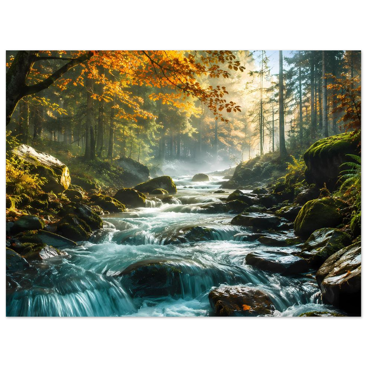 Wandposter mit Waldbach und Wasserfall, orangefarbenes Laub über dem Wasserlauf