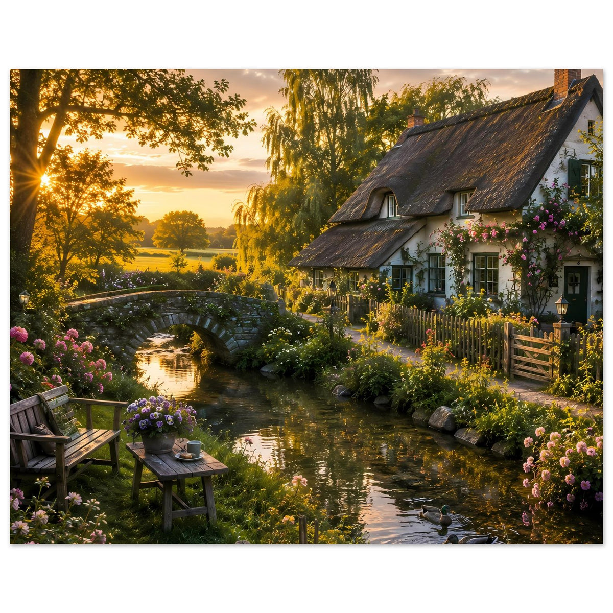 Landhaus-Poster: verwinkelter Bach mit Enten, Steinbogenbrücke und Reetdachhaus