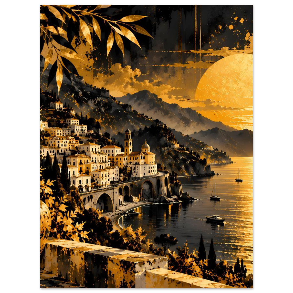 Poster: Küstenstadt am Flussufer bei Nachtstimmung, goldene Wolken, Mond und Brückenbogen