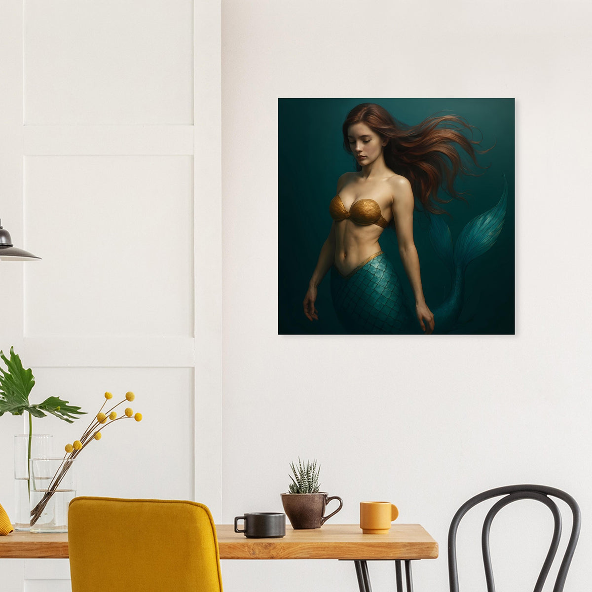 Quadratischer Wanddruck: Meerjungfrau mit goldenem Bikini und Teal-Schuppenrock