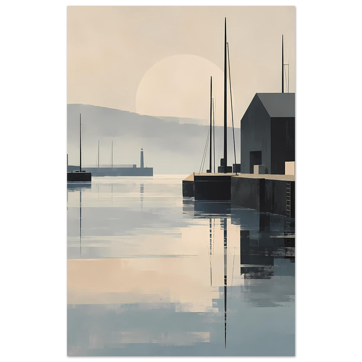 Poster mit Hafenlandschaft: dunkle Schiffe und Gebäude, abstrakte Spiegelung im Wasser, warmes Hellgrau