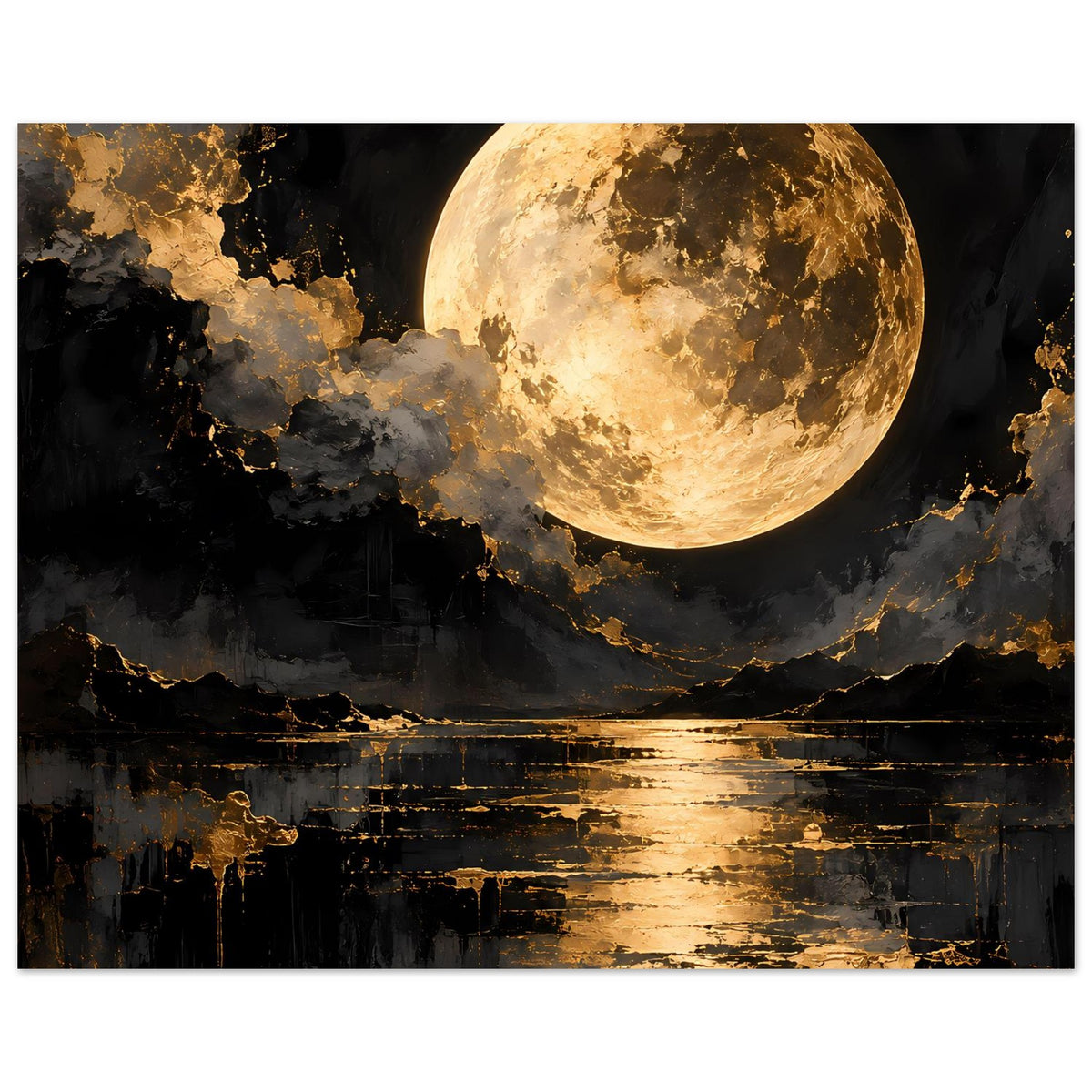 Wandposter mit goldener Vollmondscheibe und abstrakten Wolken, Wasser und Felsformen