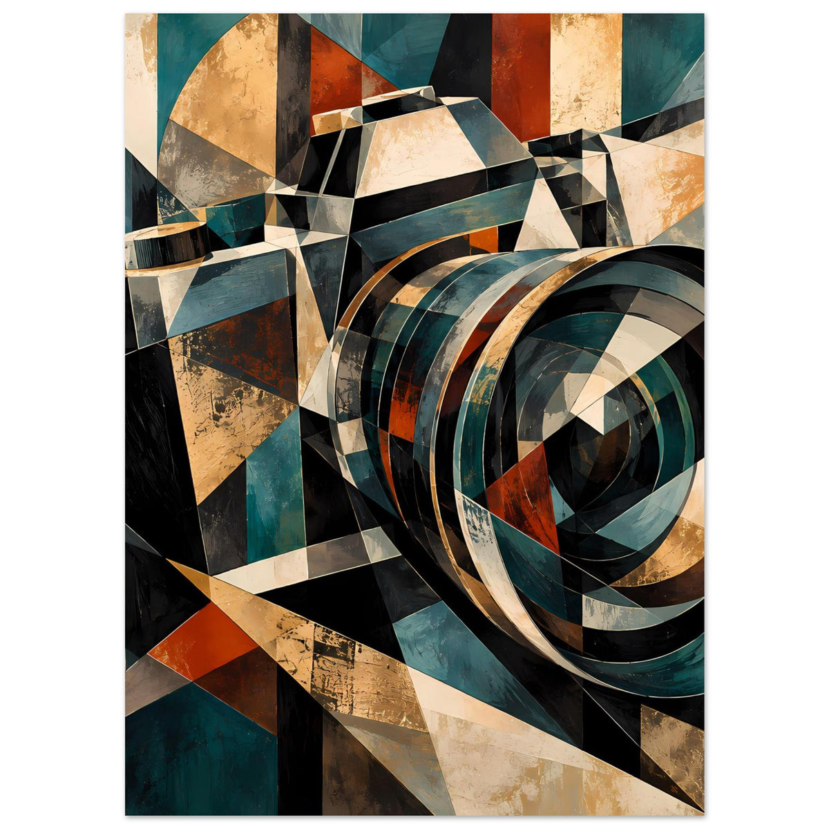 Geometrisches Kamera-Retroposter mit kreisförmiger Optik, Dreiecken und Rechtecken in Petrol und Rost