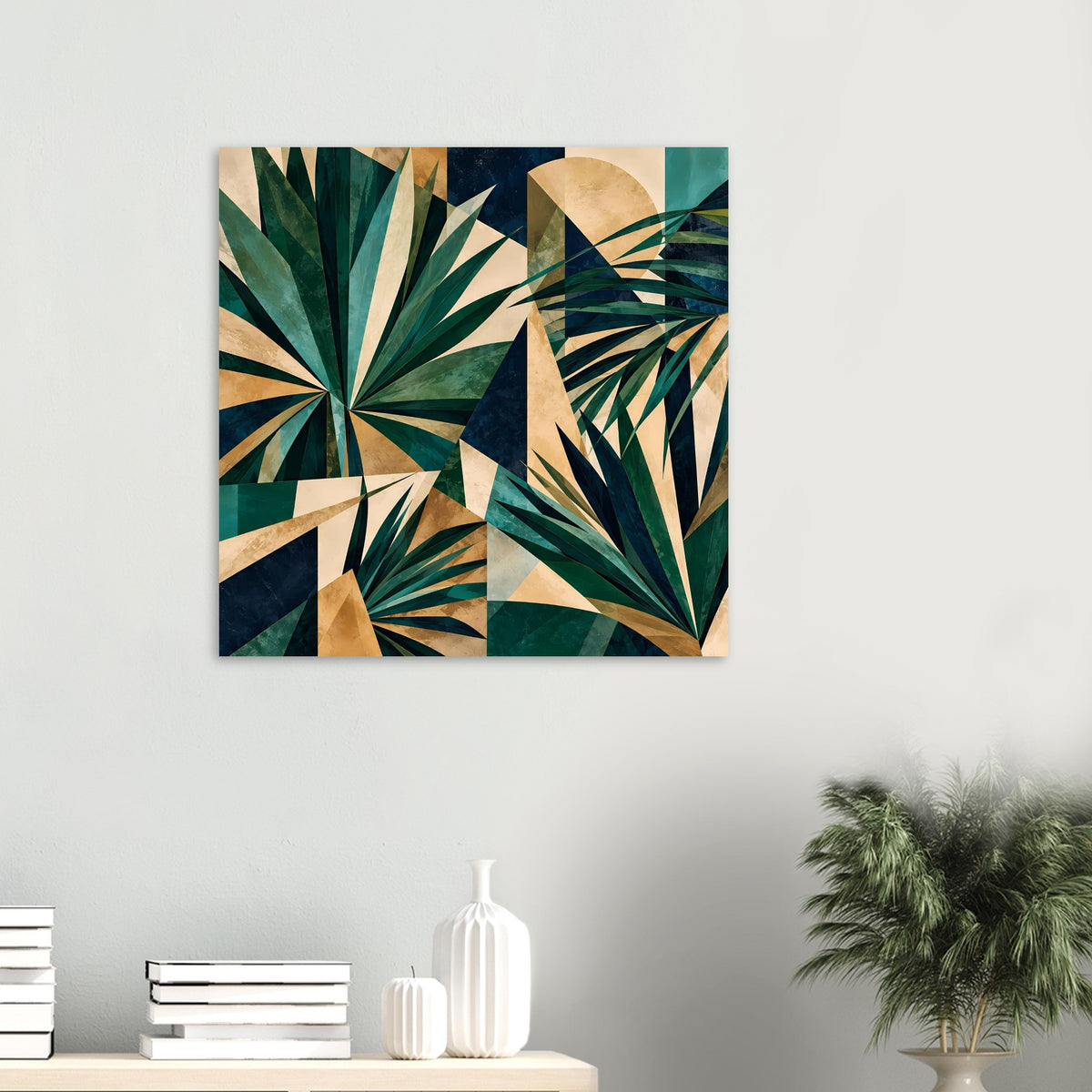 Quadratisches Kunstposter mit geometrischem Blattdesign in tiefen Grüntönen und Goldakzenten
