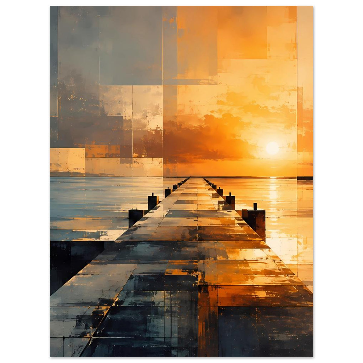 Abstraktes Poster mit Pier im Sonnenuntergang, geometrische Muster in Blau und Orange