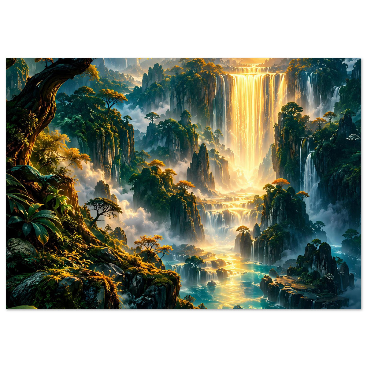 Kunstdruck mit Fantasilandschaft: goldene Wasserfälle zwischen hohen Klippen und Bäumen