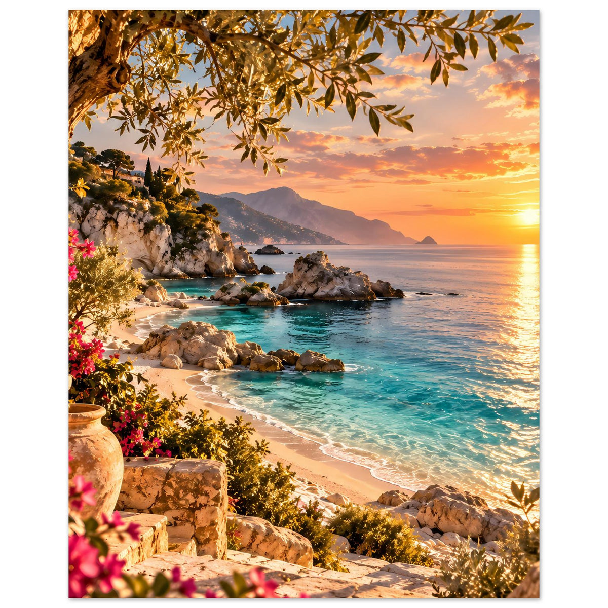 Hochformat-Strandposter mit türkisfarbenem Wasser, Felsen und Sonnenuntergang, überhängenden Zweigen