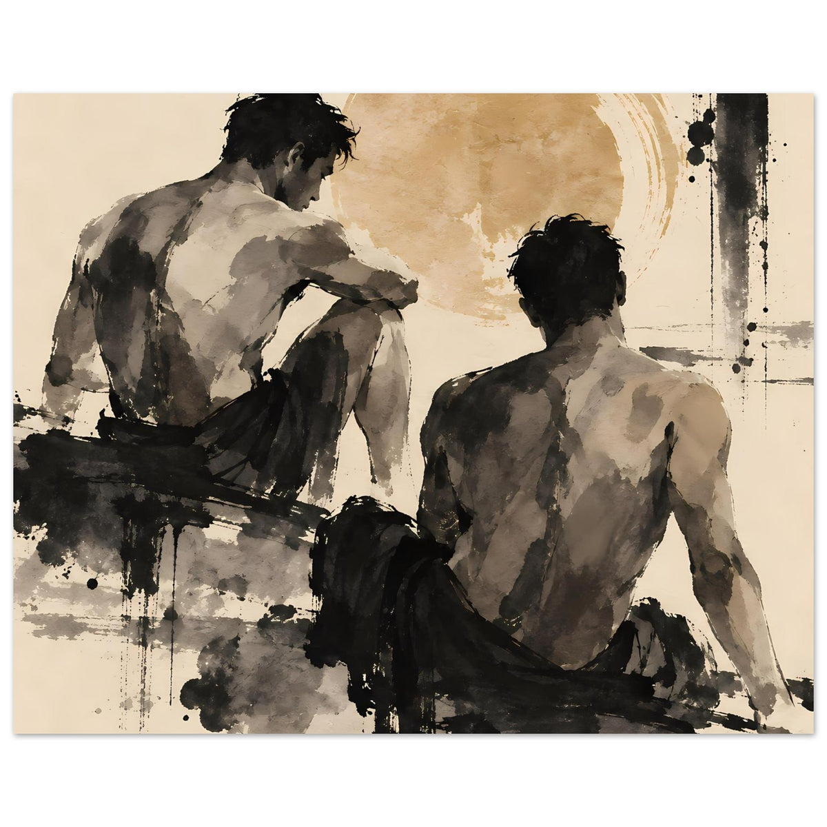 Kunstposter: zwei Männer im Rückenblick, schwarze Pinselzüge und warme Sepiaflächen