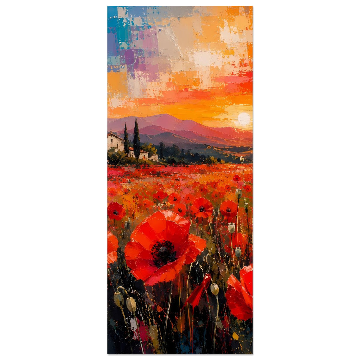 Poster im Hochformat: rotes Mohnfeld, Zypressen und Abendhimmel mit Sonne
