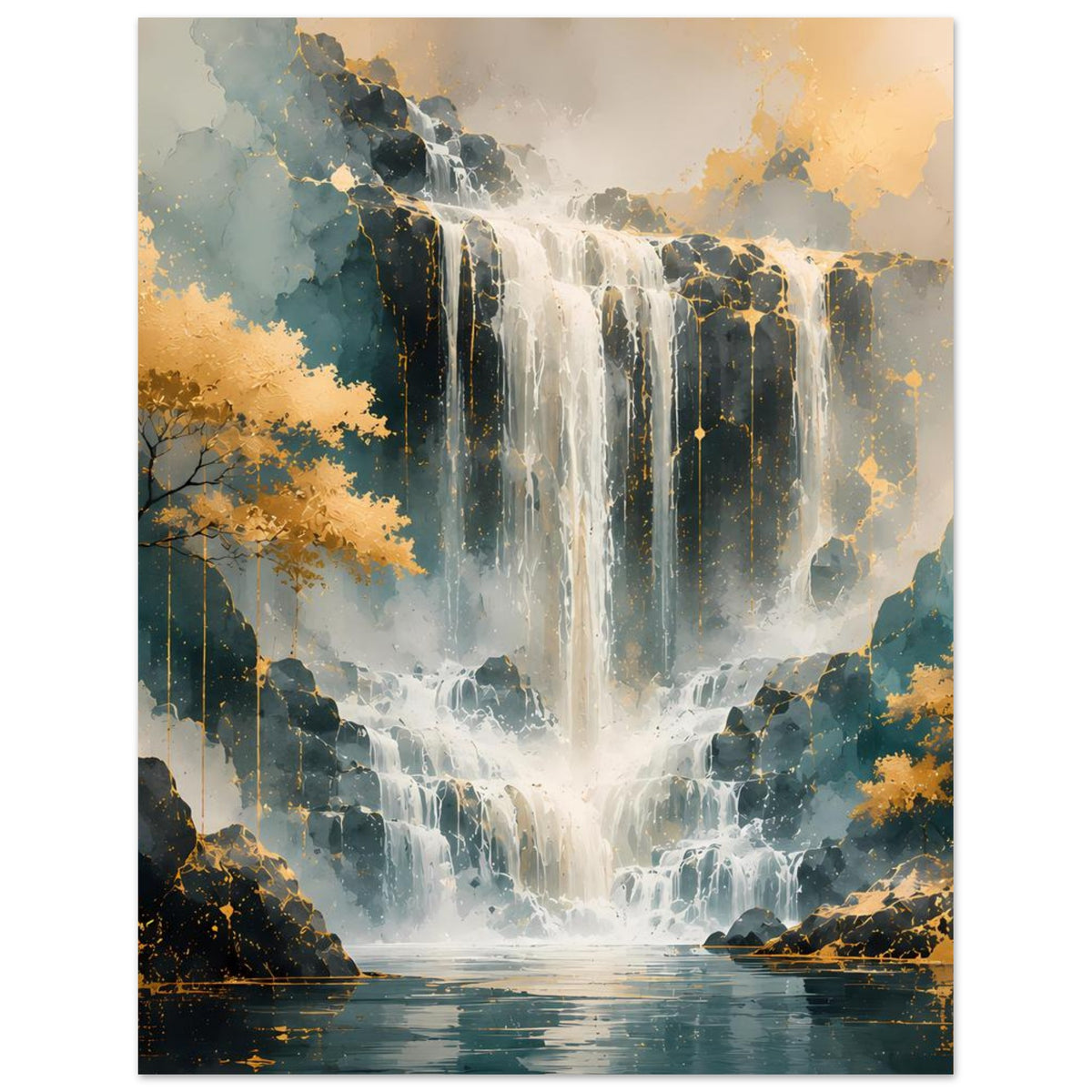 Vertikales Kunstdruck-Poster: Wasserfall in Blau und warmem Gold, gerahmt