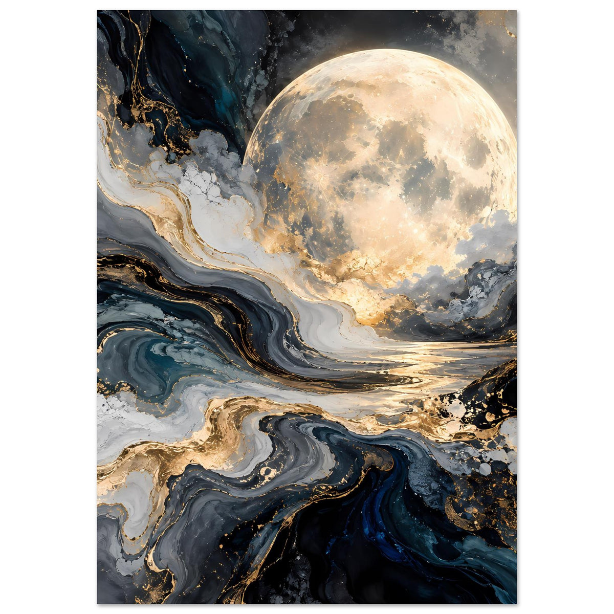 Mondposter hochkant: Vollmond über abstrakter Küstenlandschaft mit Marmoreffekt