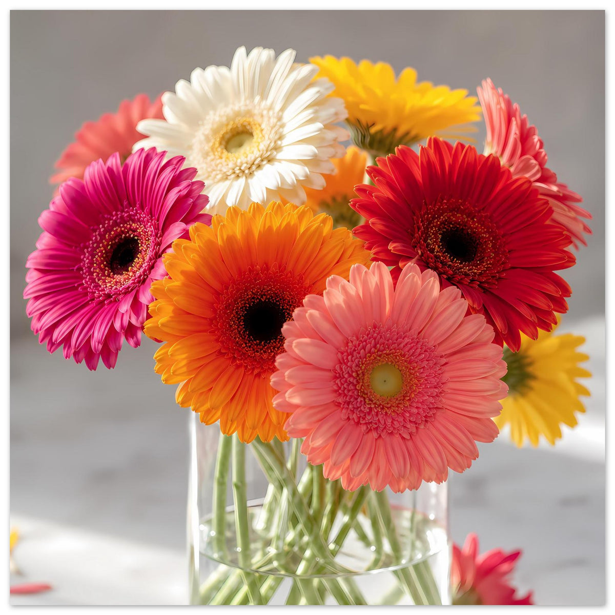 Poster mit bunten Gerbera-Blüten im Glas, klar sichtbare Blütenkörbe