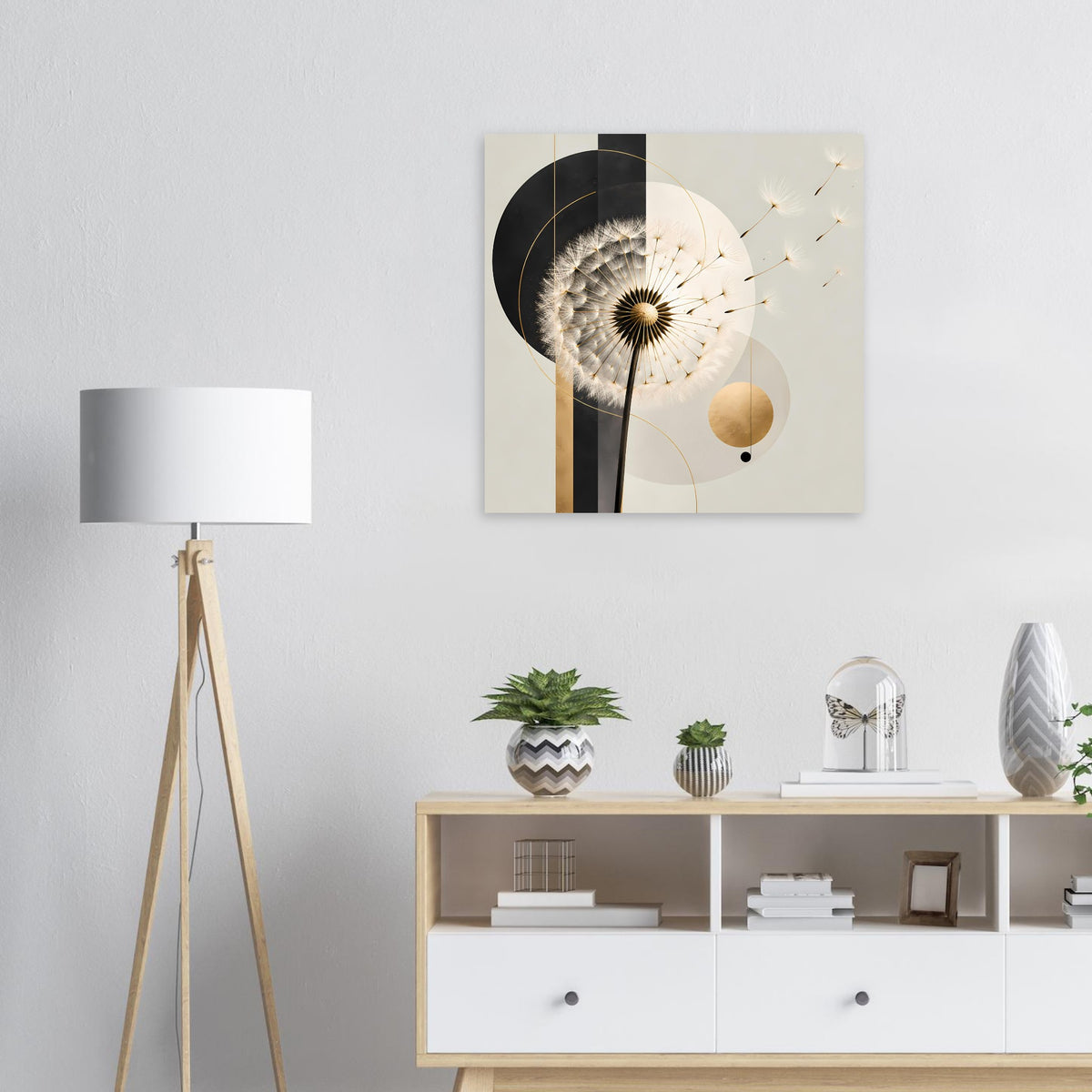 Gerahmtes Poster mit Pusteblume-Motiv und goldenen Akzenten