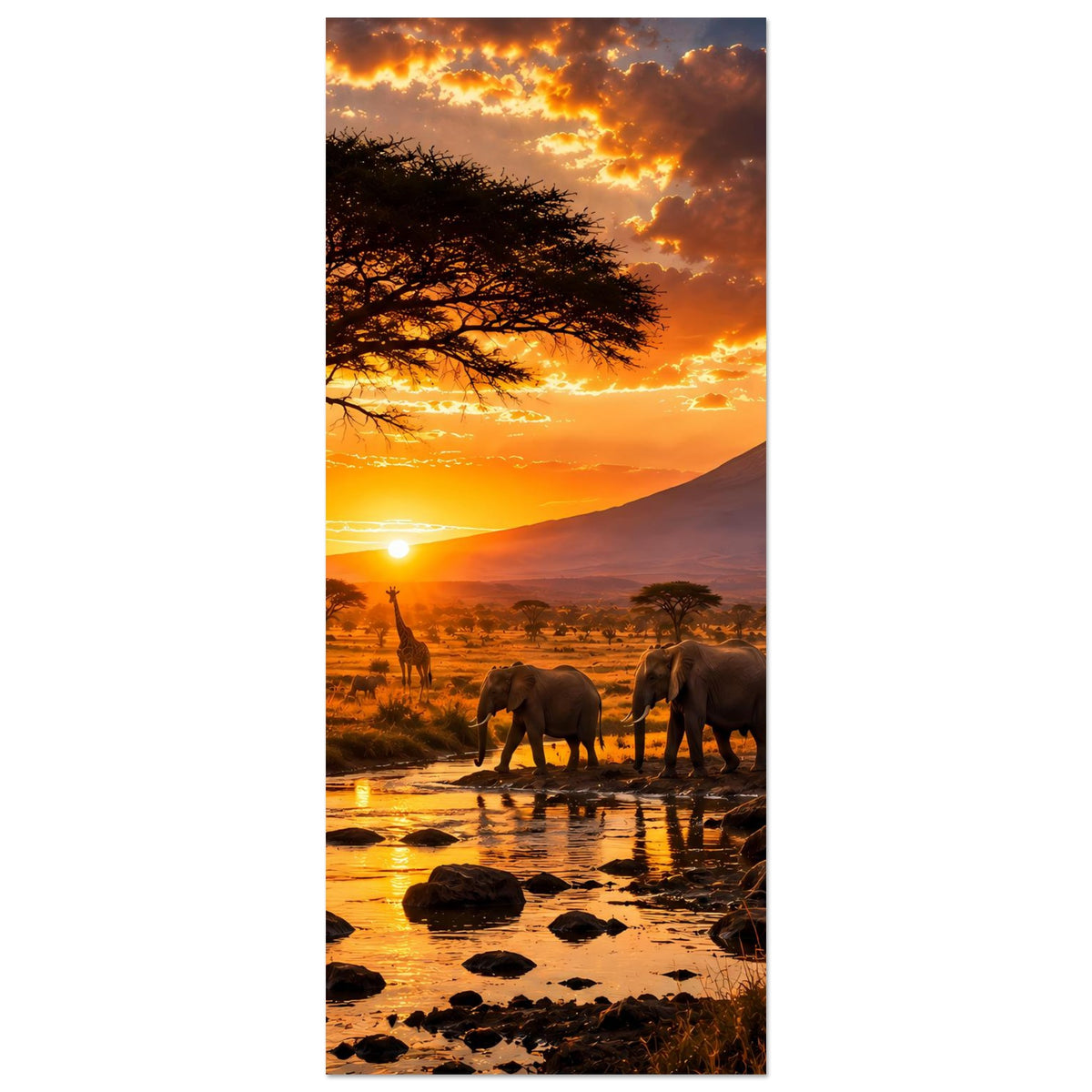 Vertikales Safari-Poster mit Elefanten, Akazienbaum und Sonnenuntergang