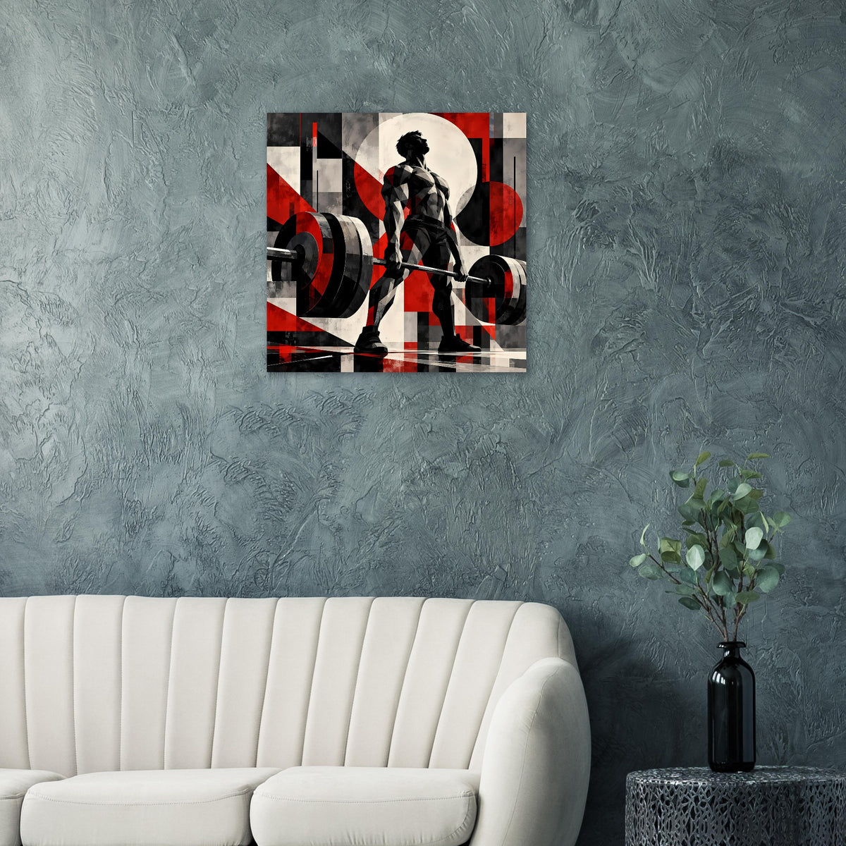 Quadratisches Kraftsportposter mit Athletensilhouette und Langhantel, rot-schwarz-weiß