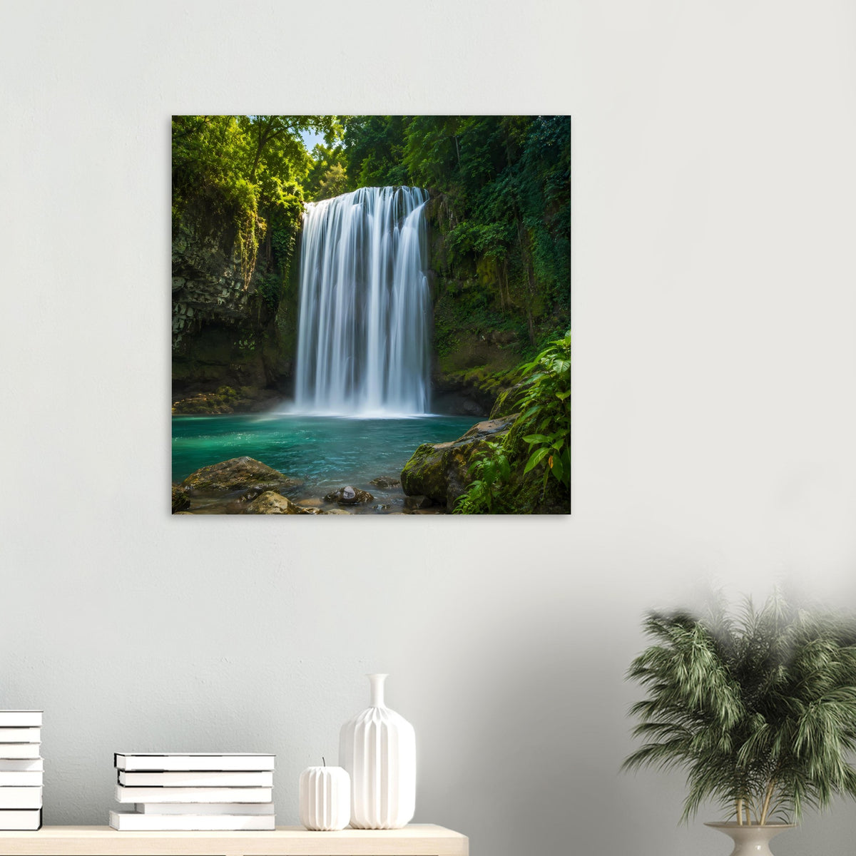 Gerahmtes Poster mit Wasserfall im Wald in satten Grüntönen, quadratisch