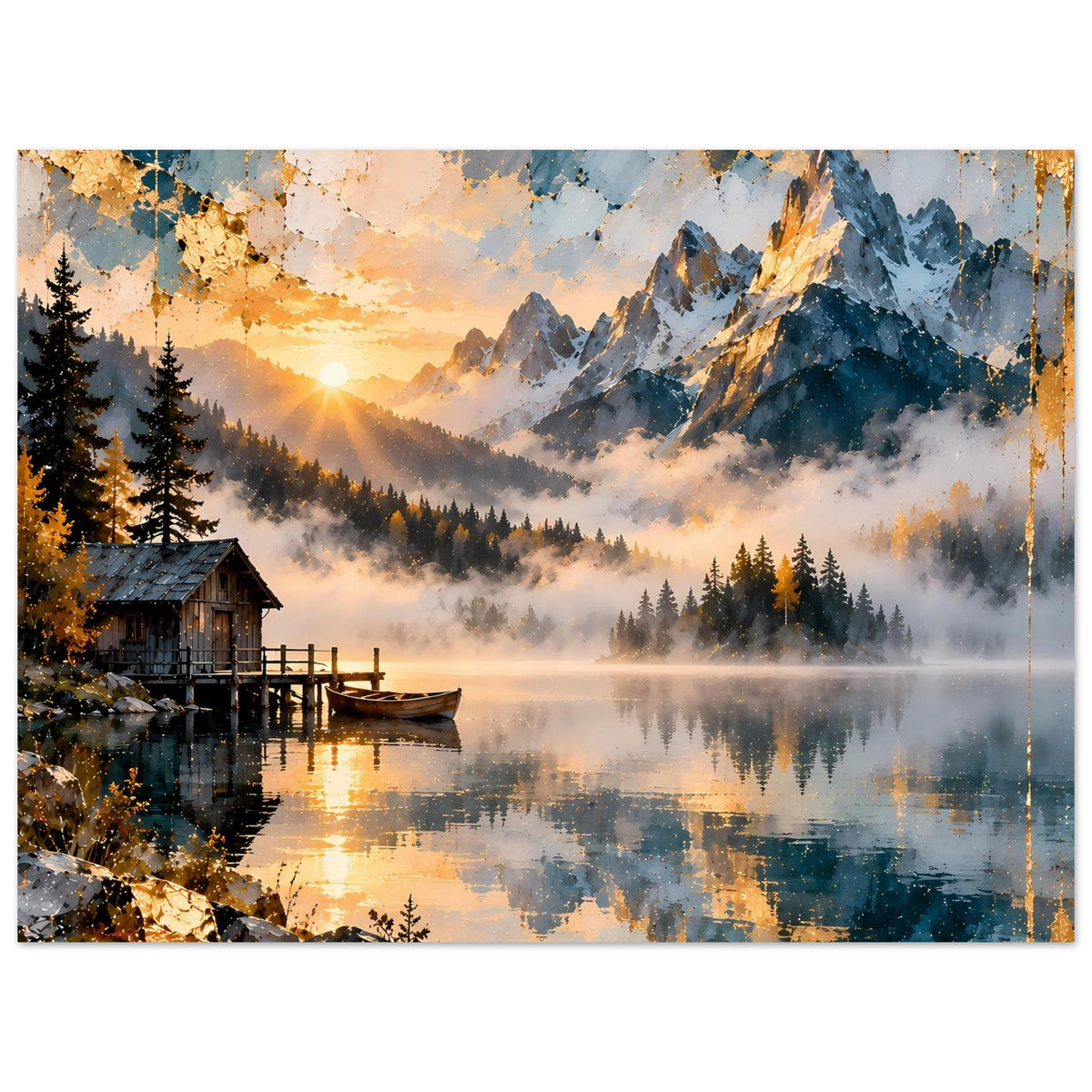 Horizontales Poster mit Bergsee, felsigen Gipfeln, Nebel und spiegelnder Wasseroberfläche