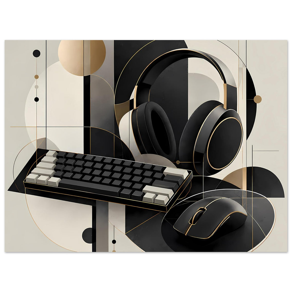 Gaming-Poster mit Headset, Tastatur und Maus, dunkle Flächen, goldene Konturlinien
