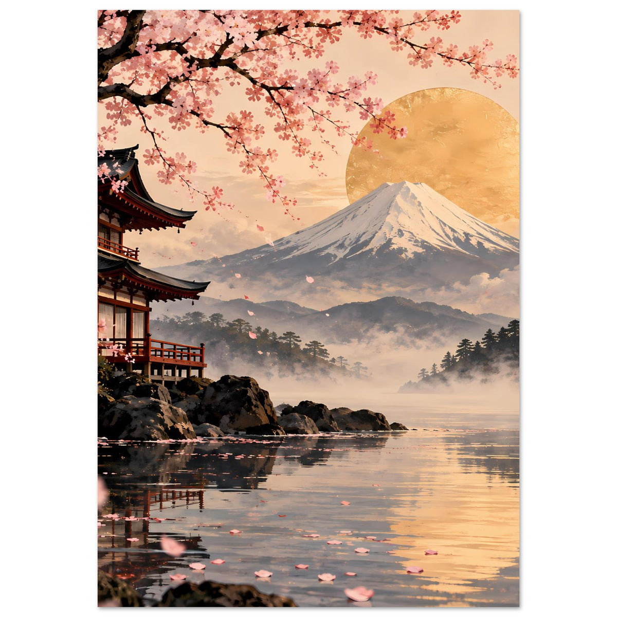 Poster mit Kirschblüten, Fuji-Berg und goldenem Mond über Wasser mit Tempel links