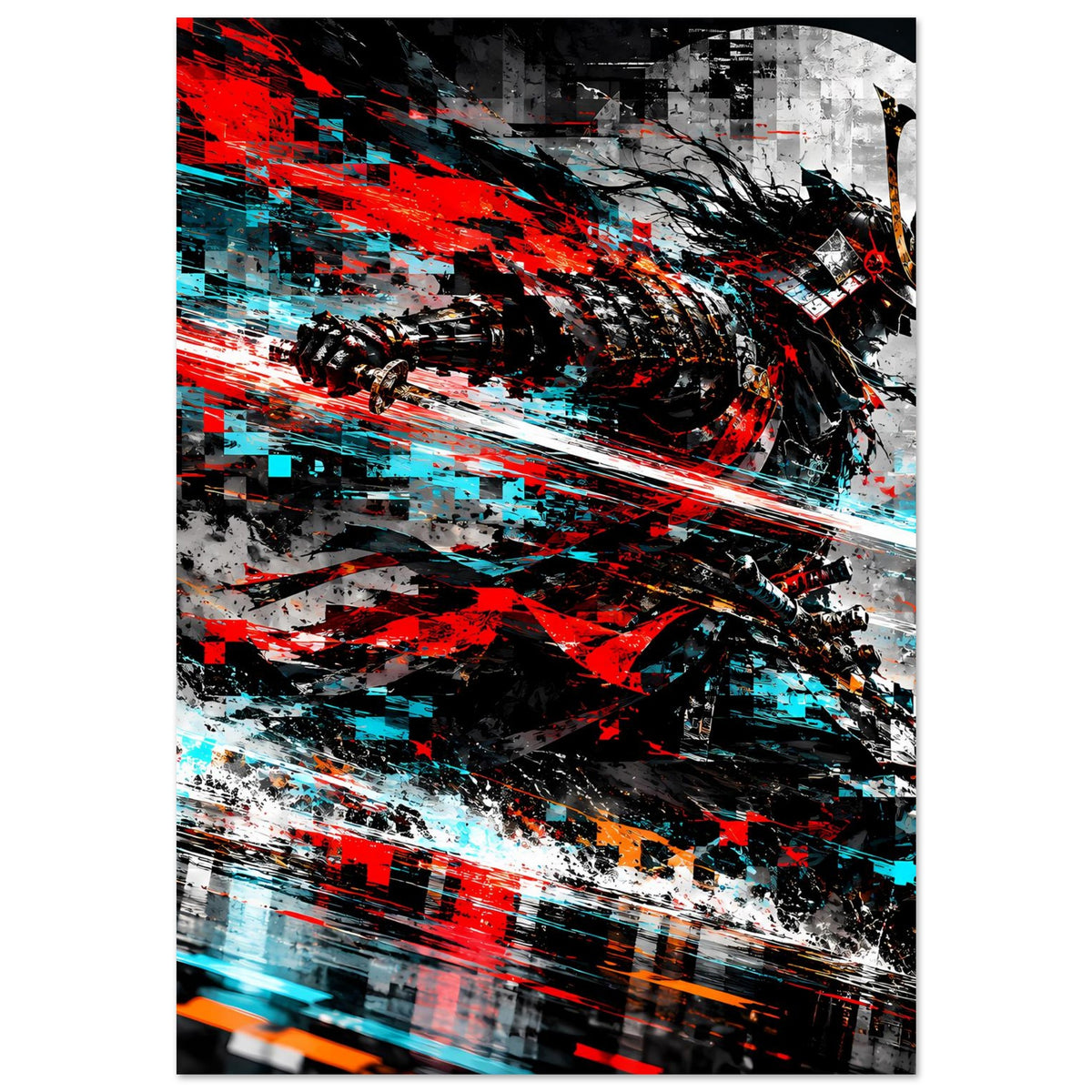 Samurai-Actionposter, vertikal: rotes Diagonalmuster, cyanfarbene Neonlinien, schwarzgraue Details