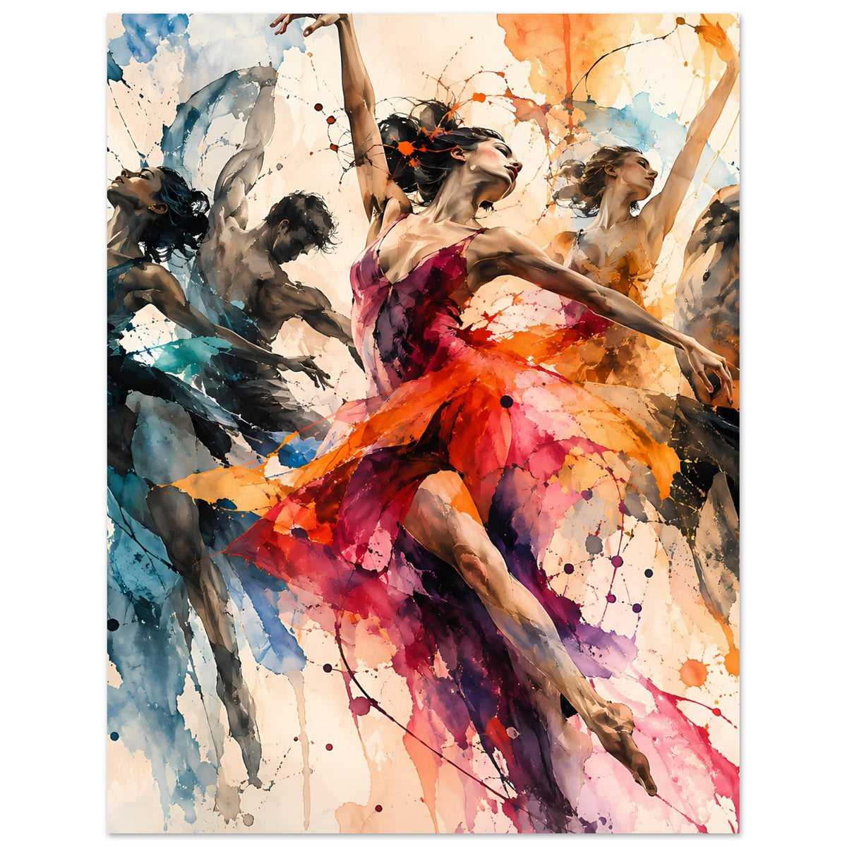 Vertikales Poster mit Balletttänzerin im rot-orangefarbenen Tüll und abstrakten Farbflächen