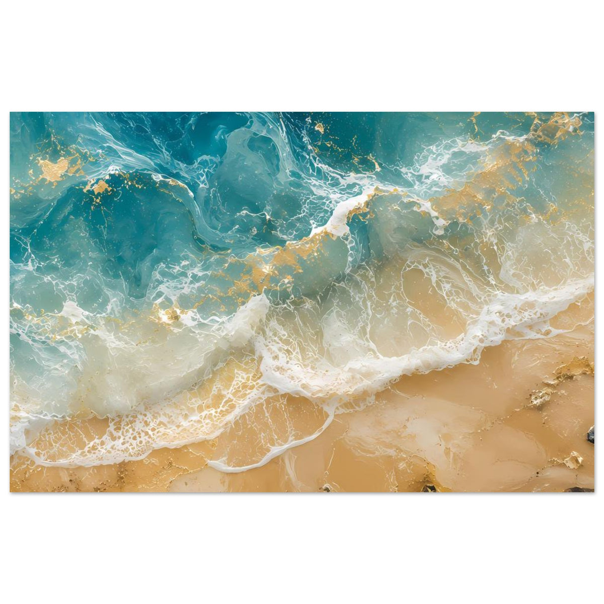 Horizontales Poster mit türkisblauen Wellen und weißem Schaum auf beigem Sand