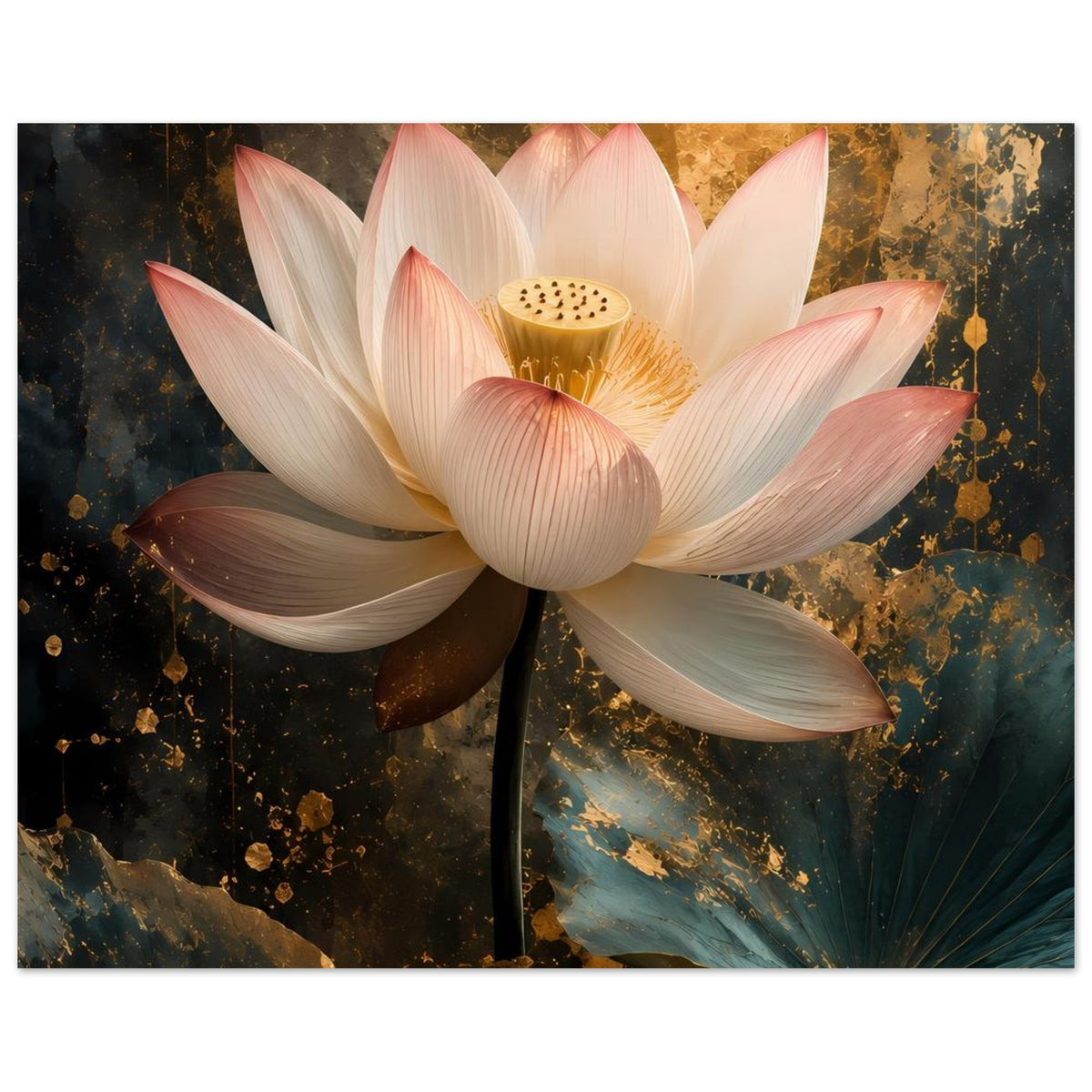 Lotusblüten-Poster mit großer weißer Blüte und goldener Mitte auf einem Stiel