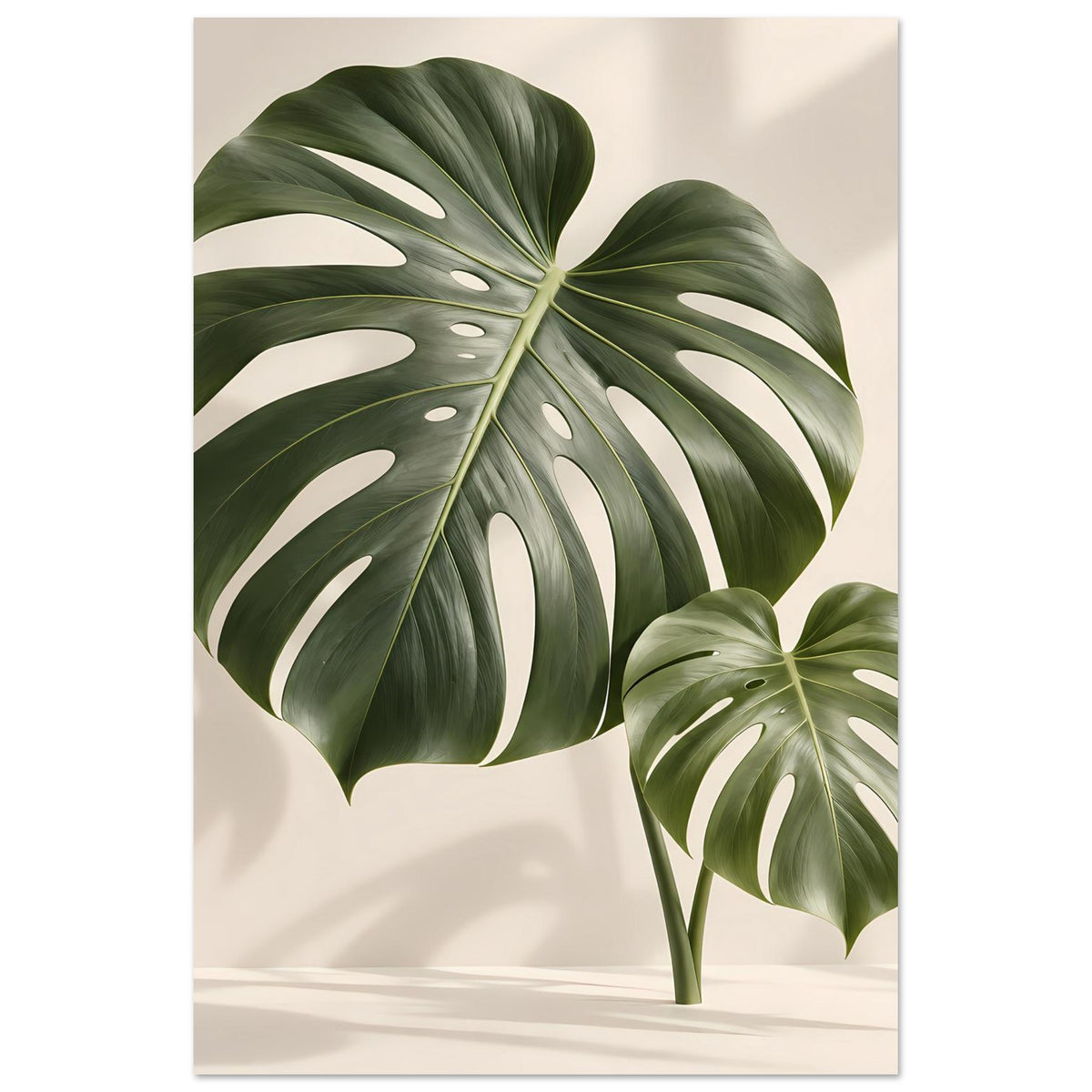 Vertikales Monstera-Blattposter mit großem Blatt links und kleinerem Blatt rechts unten