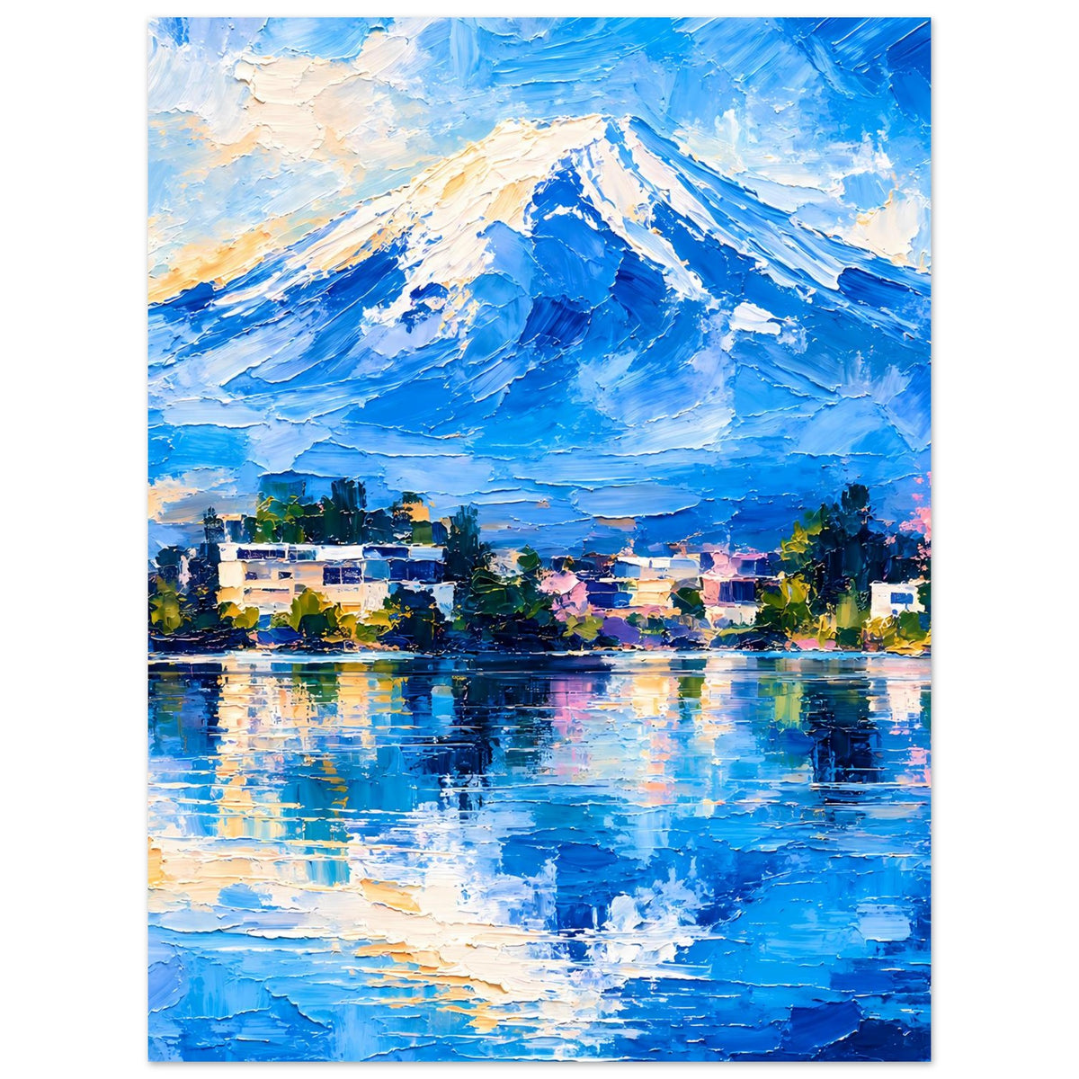 Poster mit Berglandschaft, vertikal: blauer Berg, See mit Spiegelungen und Stadtbildern