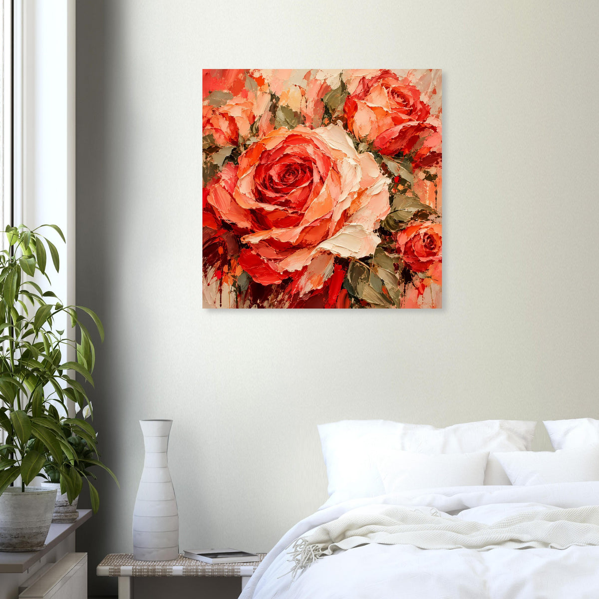 Wandposter mit Textur-Rosen: große rote Rose im Fokus, weitere Blüten in Orange