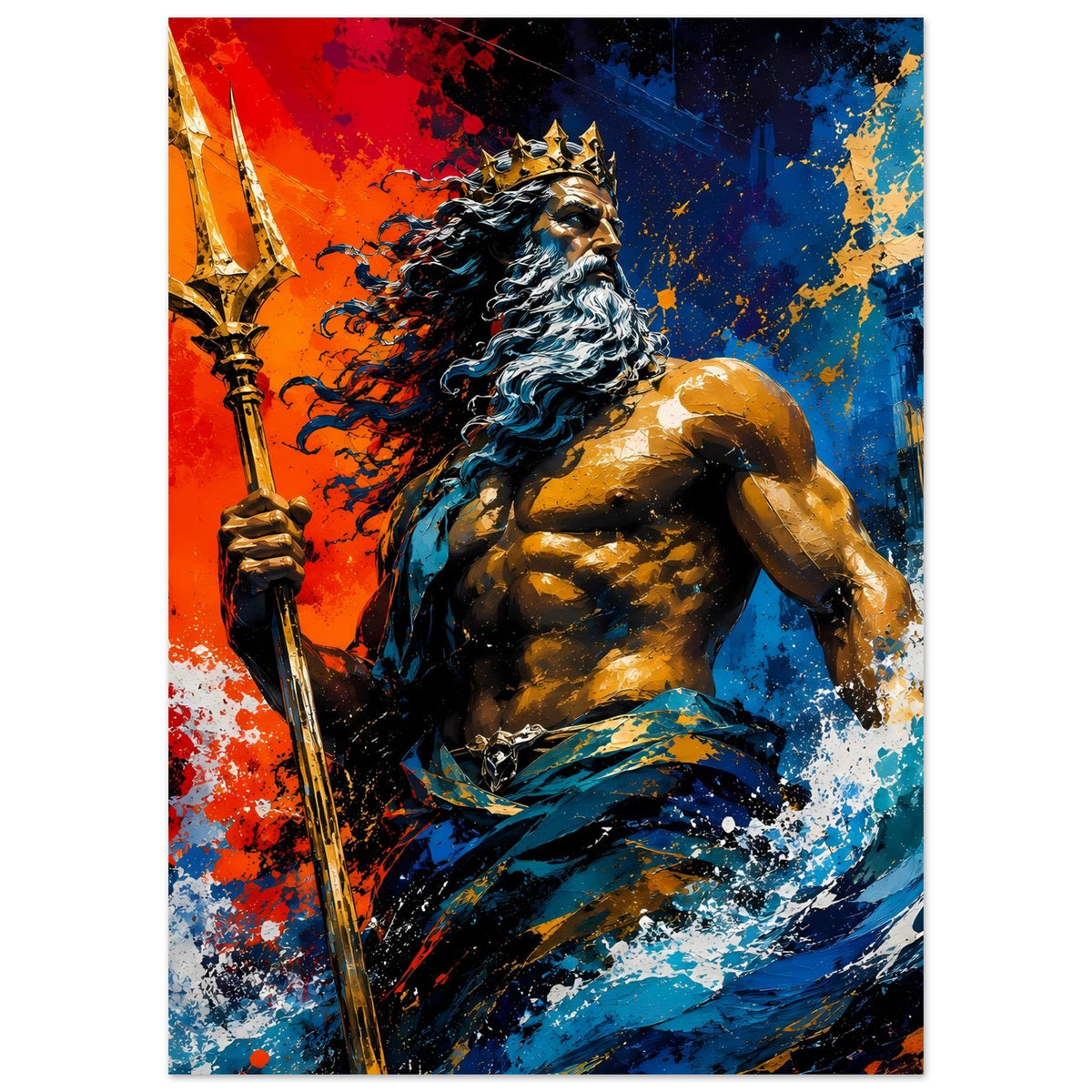 Vertikales Poster mit Poseidon und Dreizack, goldene Haut, rot-blaues Spritzdekor