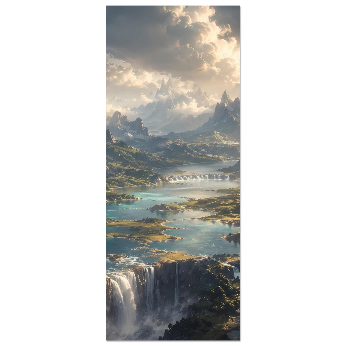 Vertikales Berglandschafts-Poster mit Wasserlauf, Wasserfall und Person am linken Rand