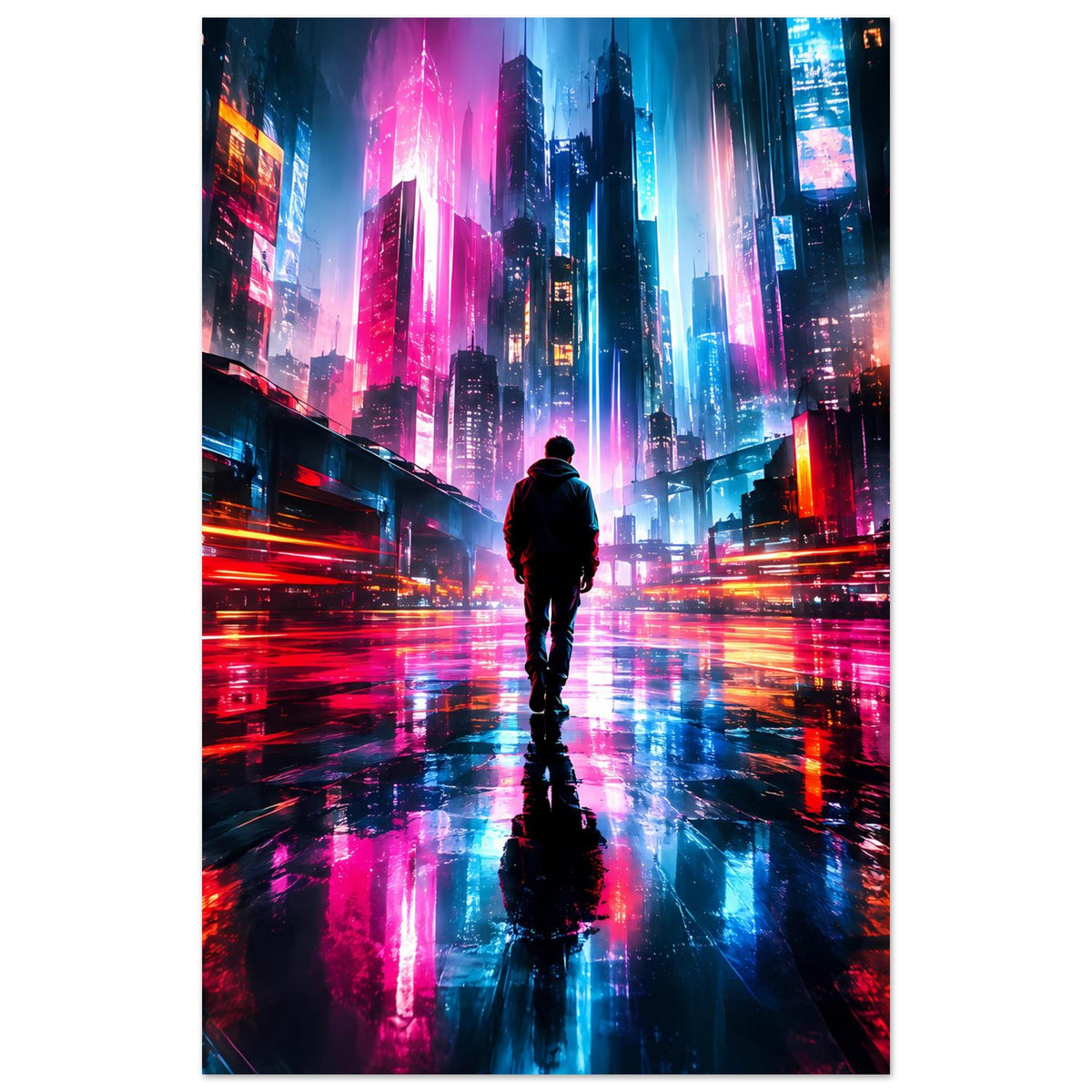 Hochformatiges Cyberpunk-Poster: Neonstadt in Blau, Pink und Orange, Person im Zentrum