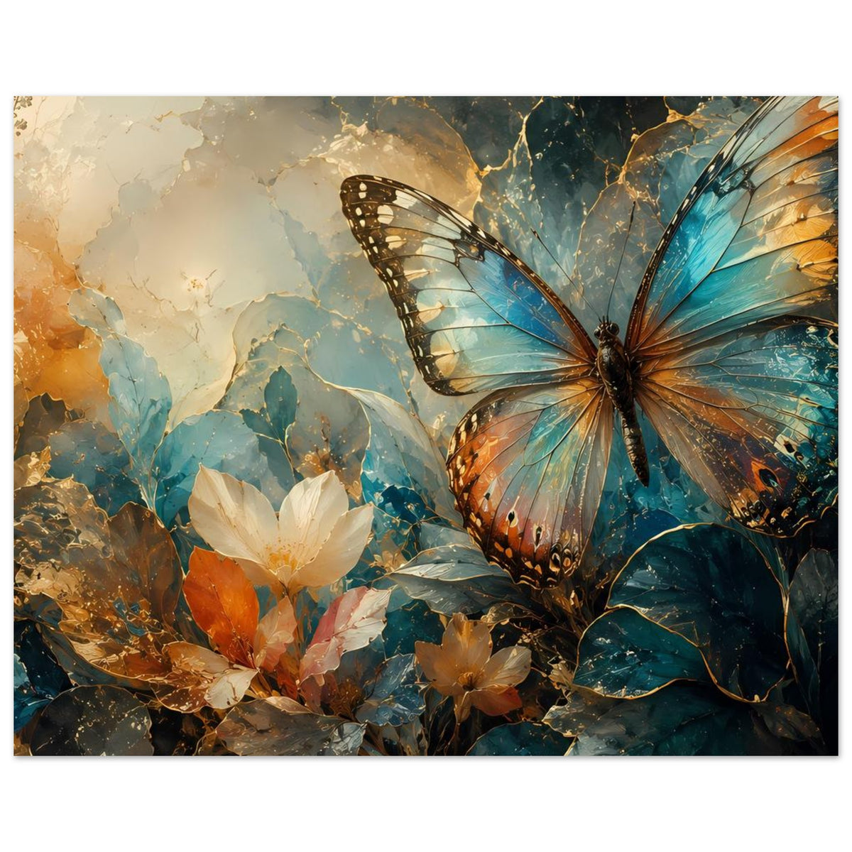 Breites Poster mit Schmetterling und Blüten, warmes Blau, goldene Linien und Ranken