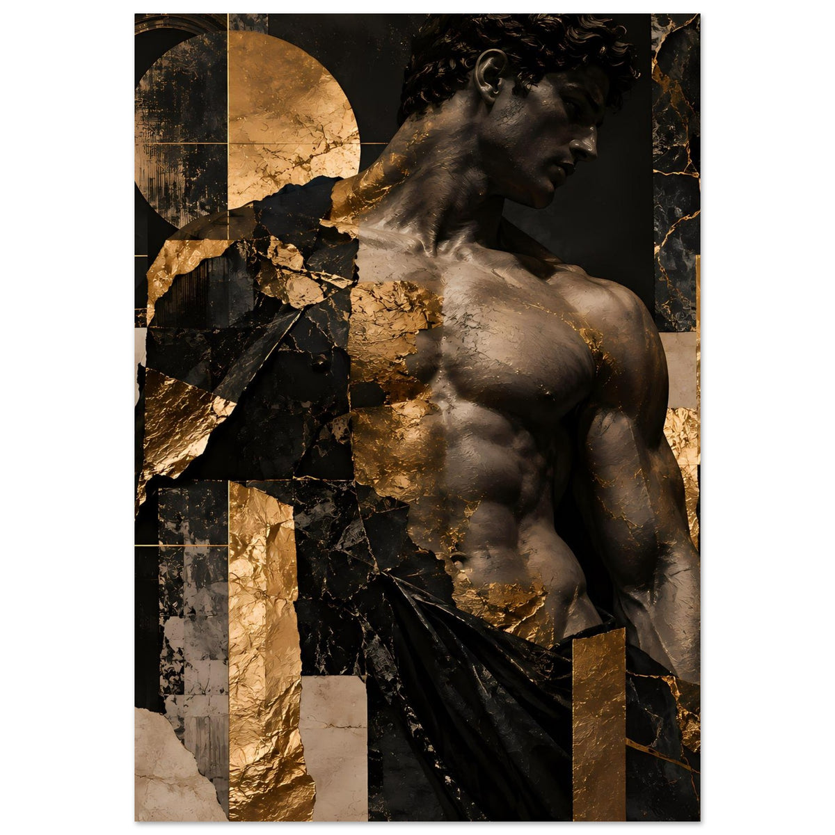 Kunstposter mit antiker Skulptur, Schwarz-Gold, Büste im Profil und Drapierung