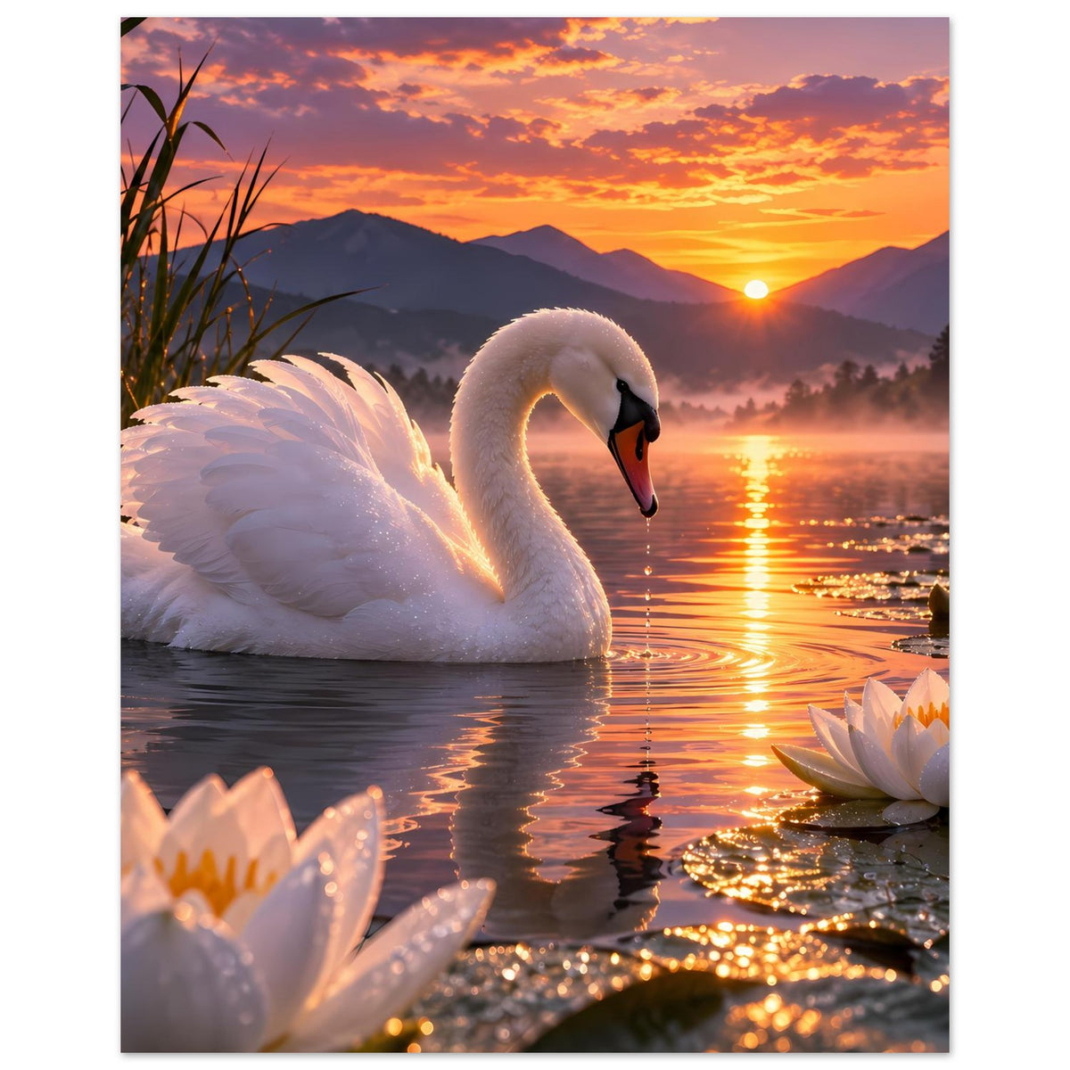 Poster im Hochformat mit weißem Schwan, Seerosen und Wasseroberfläche