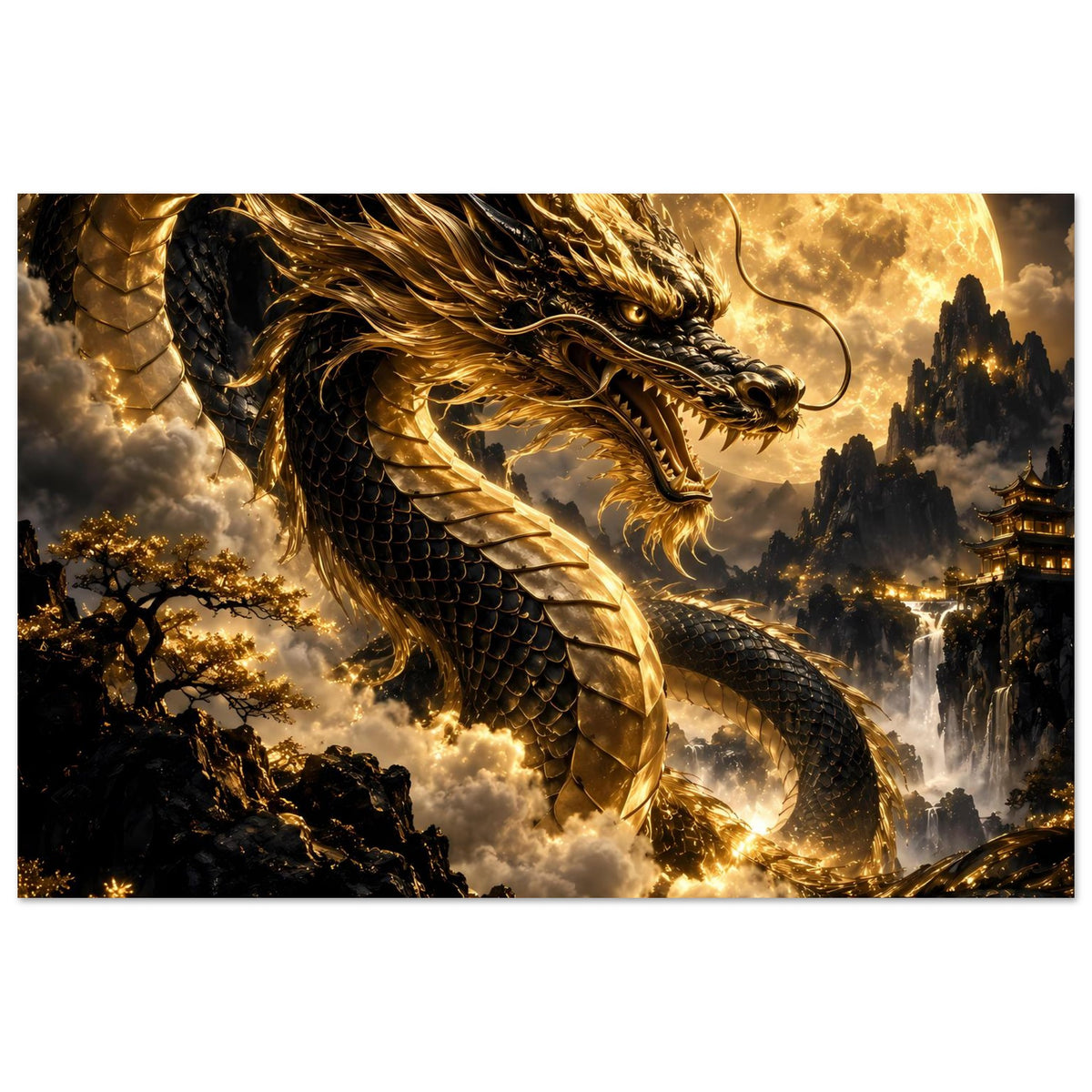 Poster mit goldener Drachenkopf-Illustration und Flügeln, Vollmond und Wolken im Motiv