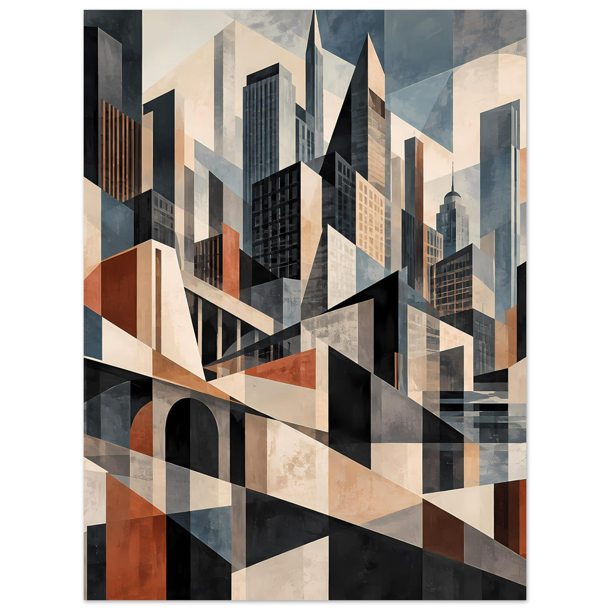 Architekturposter im Hochformat: dreieckige Gebäudestrukturen, Erdtöne und Blautöne