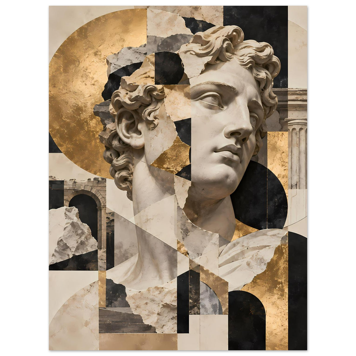 Kunstposter mit antiker Statue und abstrakter Collage, Beige, Schwarz und goldfarbener Kreisform