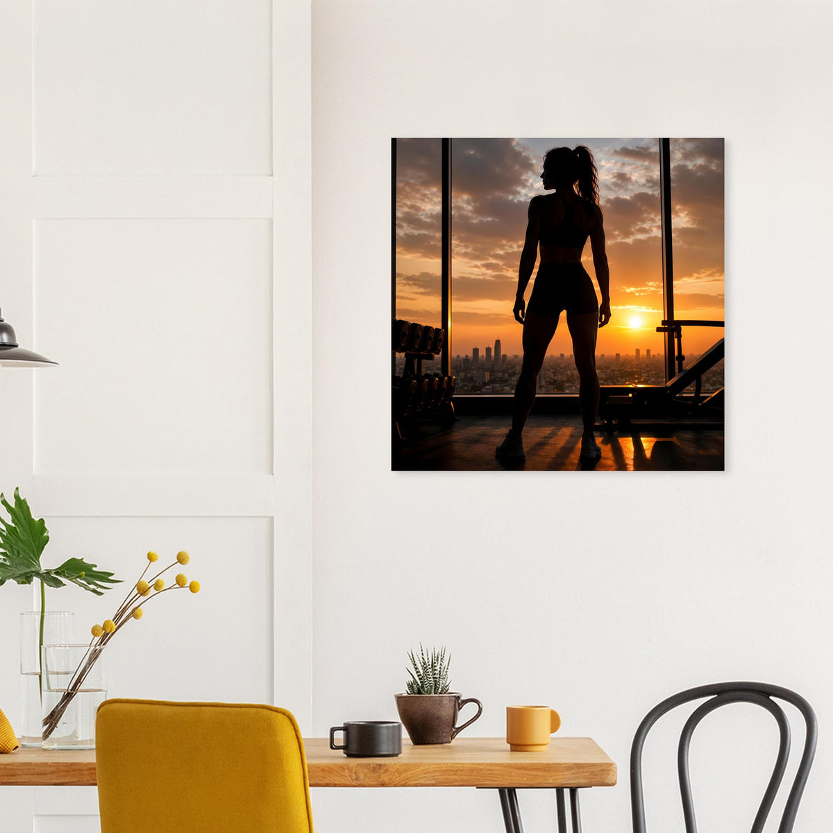 Gerahmtes Wandbild mit Silhouette einer Sportlerin vor tiefem Sonnenuntergang