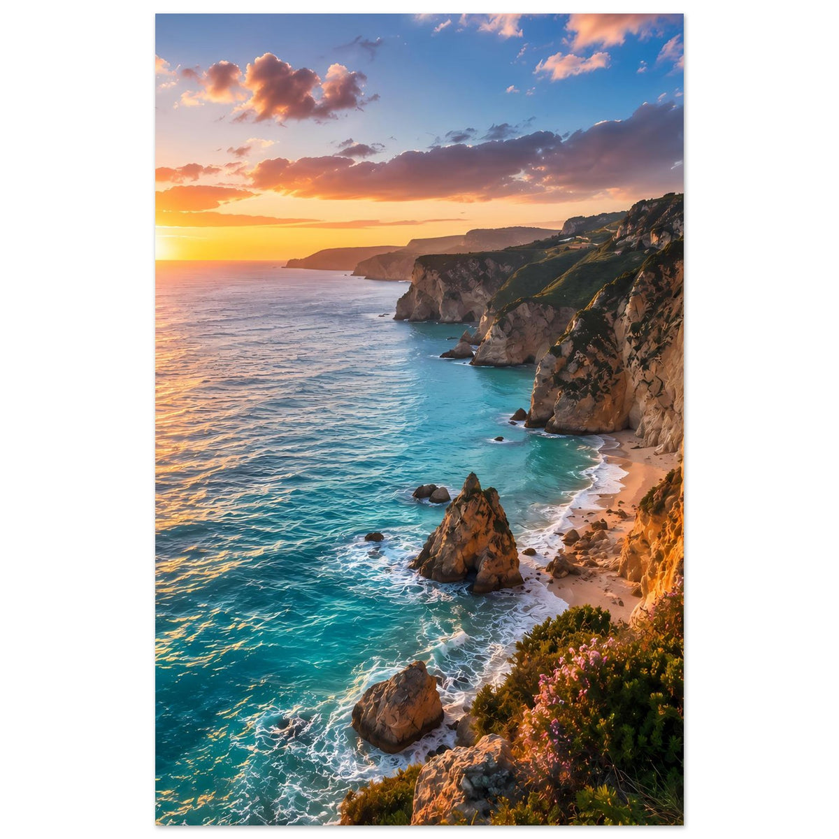 Poster im Hochformat: Küste mit türkisblauem Wasser, Felseninseln und Sonnenuntergang