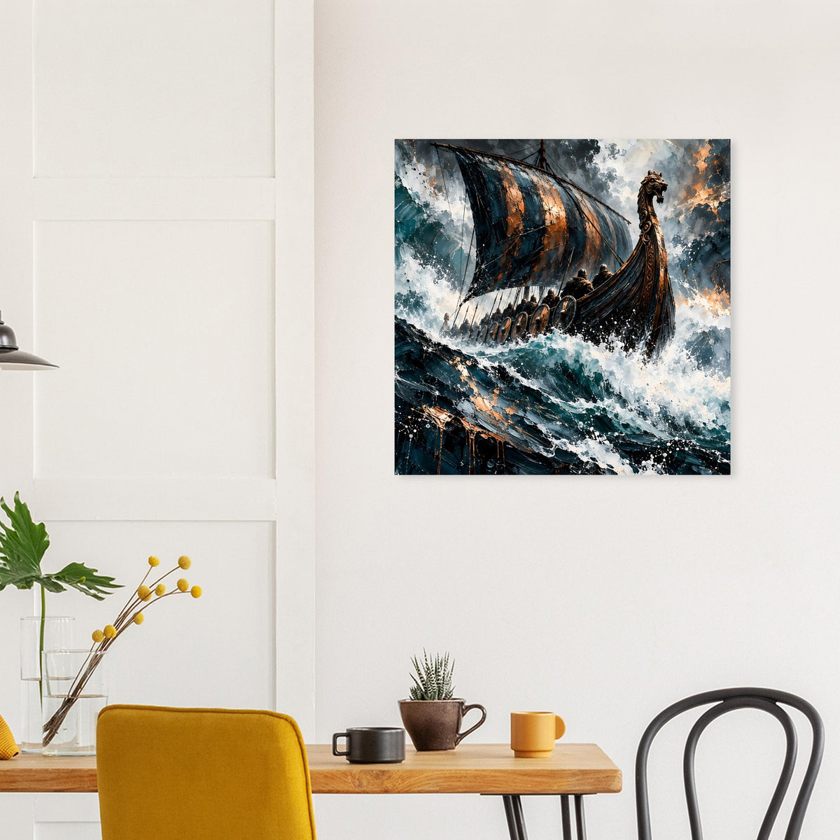 Quadratisches Wandposter mit Wikinger-Longship, rotbraunes Schiff, schwarze Details, Sturmsee